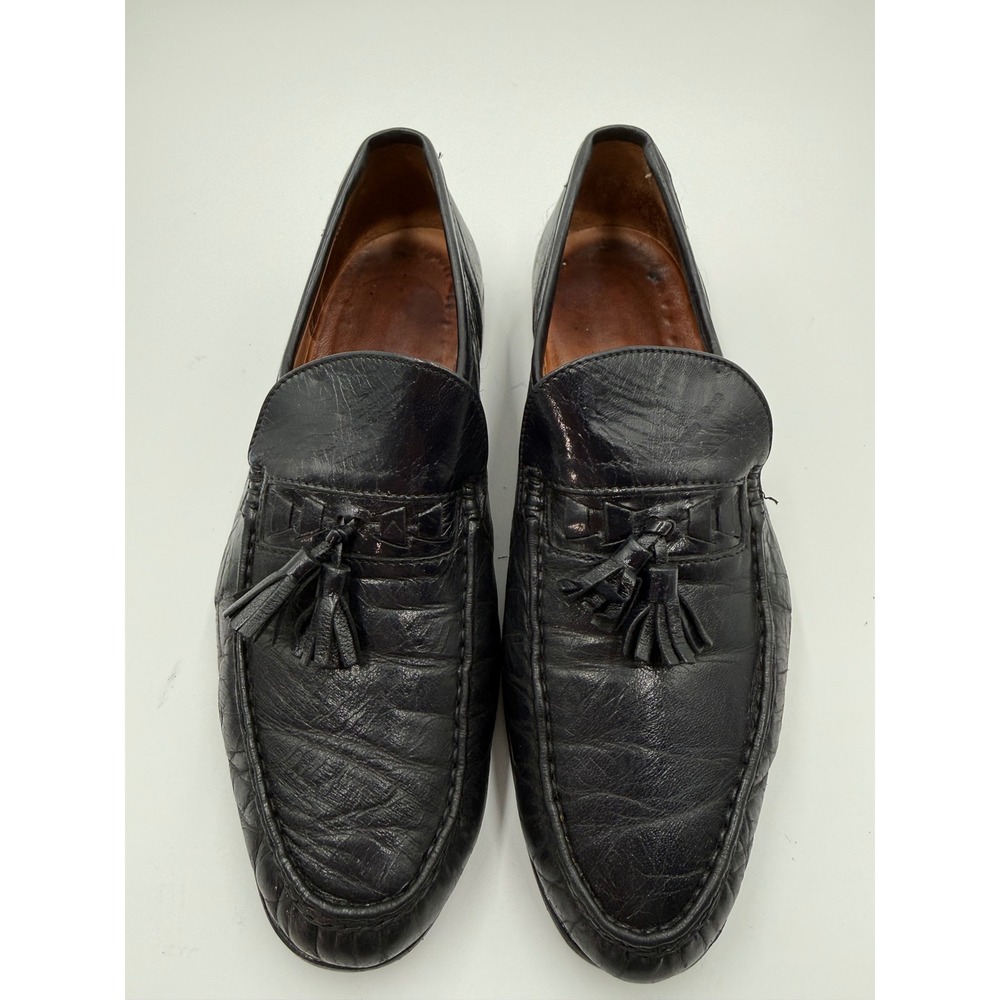 French Shriner Mens 8 M Black Leather Tassel Loafers Sharkskin Texture Vintage